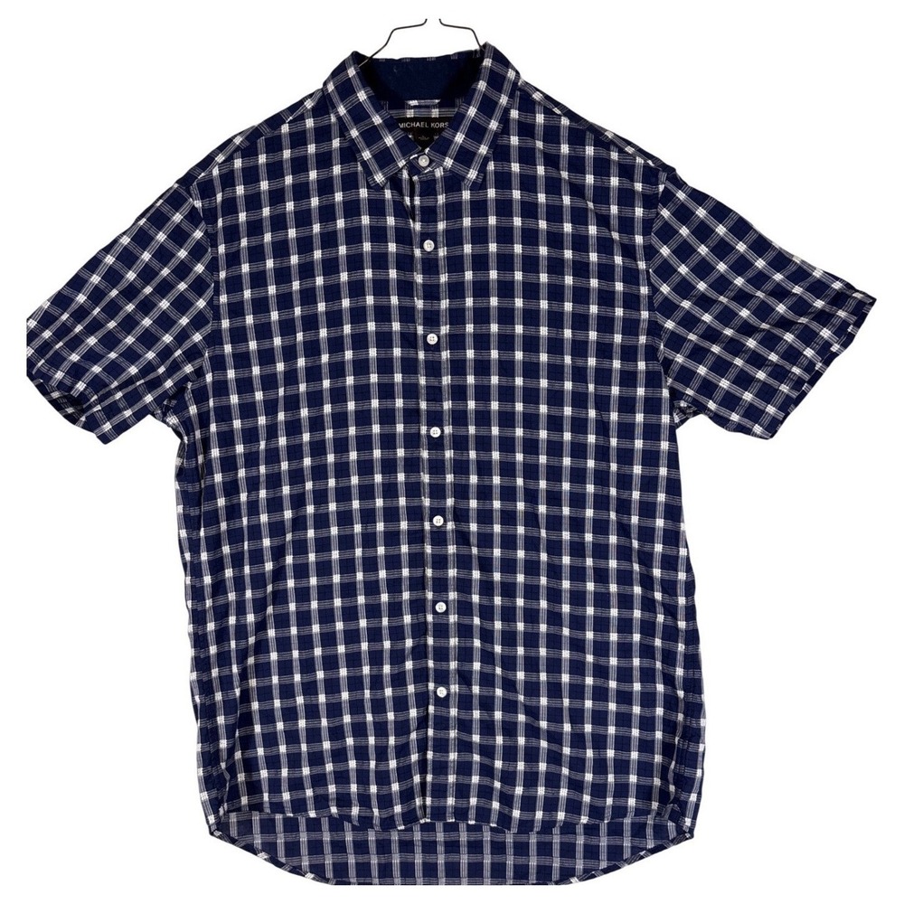 Michael Kors Mens Size L; Slim Fit Short Sleeve Plaid Button Dow Blue White